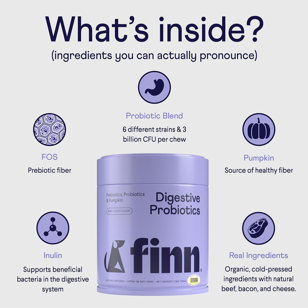 Finn Probióticos Digestivos para Perros - Calabaza y Prebióticos - 90 Masticables - 6 Cepas, 3 Mil Millones UFC