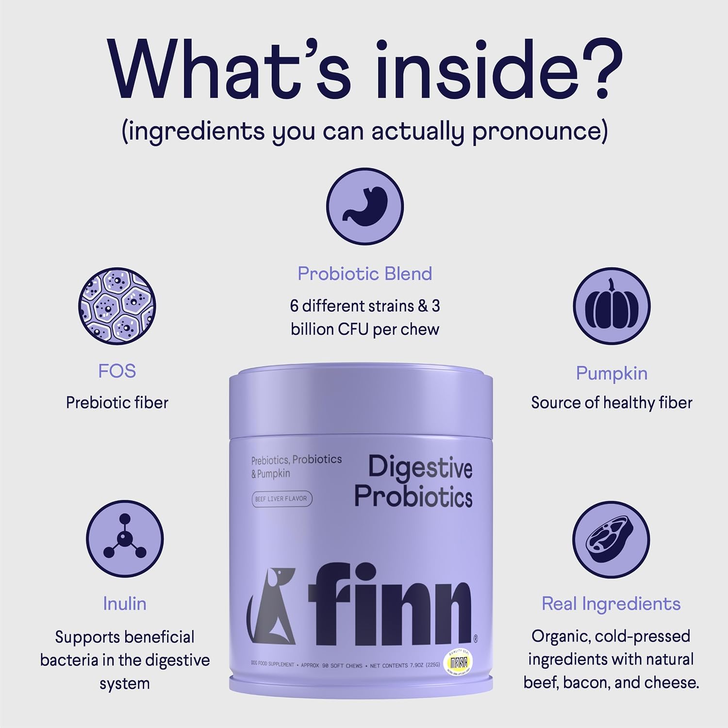 Finn Probióticos Digestivos para Perros - Calabaza y Prebióticos - 90 Masticables - 6 Cepas, 3 Mil Millones UFC