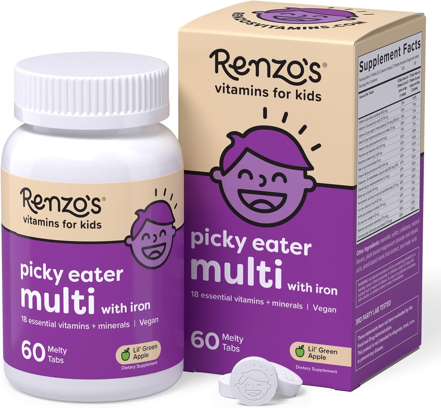 Renzo's Picky Eater Kids Multivitamin con Hierro - 60 comprimidos disolubles sabor manzana verde