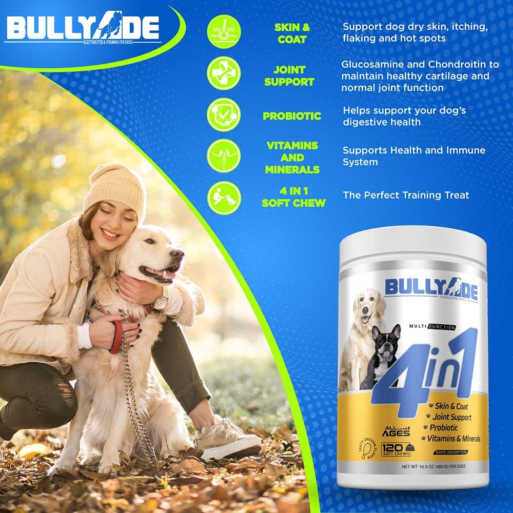 Bullyade 4 en 1 - Probiótico, Articulaciones, Piel y Pelaje, Multivitamínico Masticables Suaves para Perros, 480 g