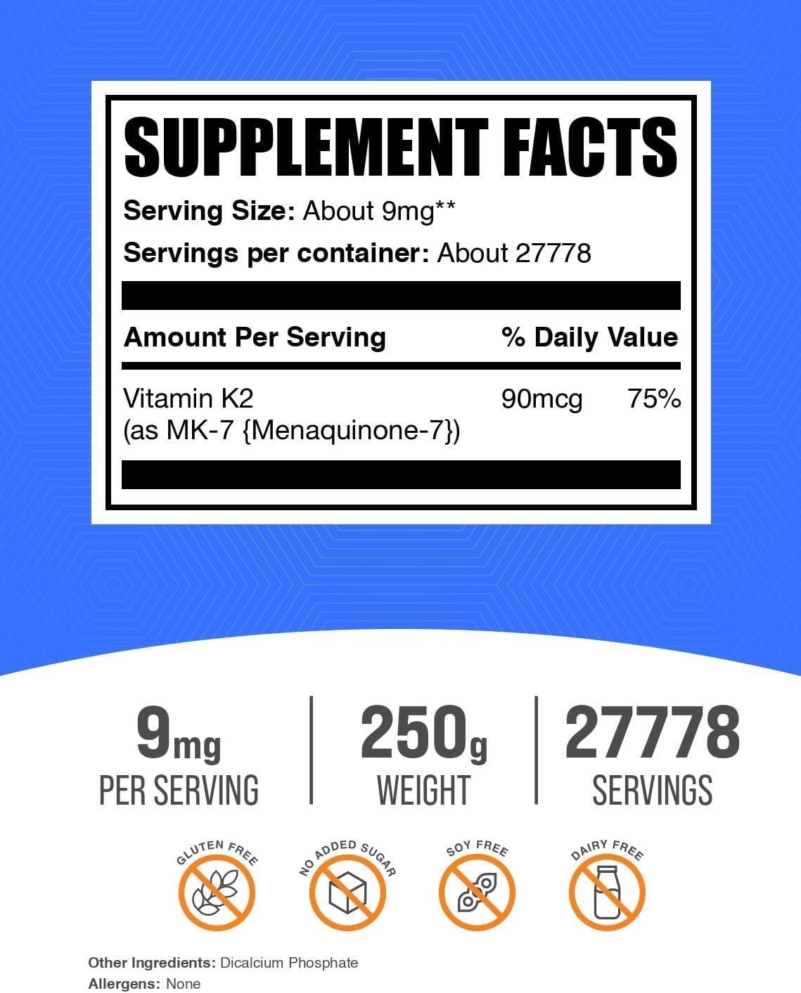 Vitamina K2 en Polvo - MK-7 Menaquinona - 250g (8.8 oz) - Sin Gluten