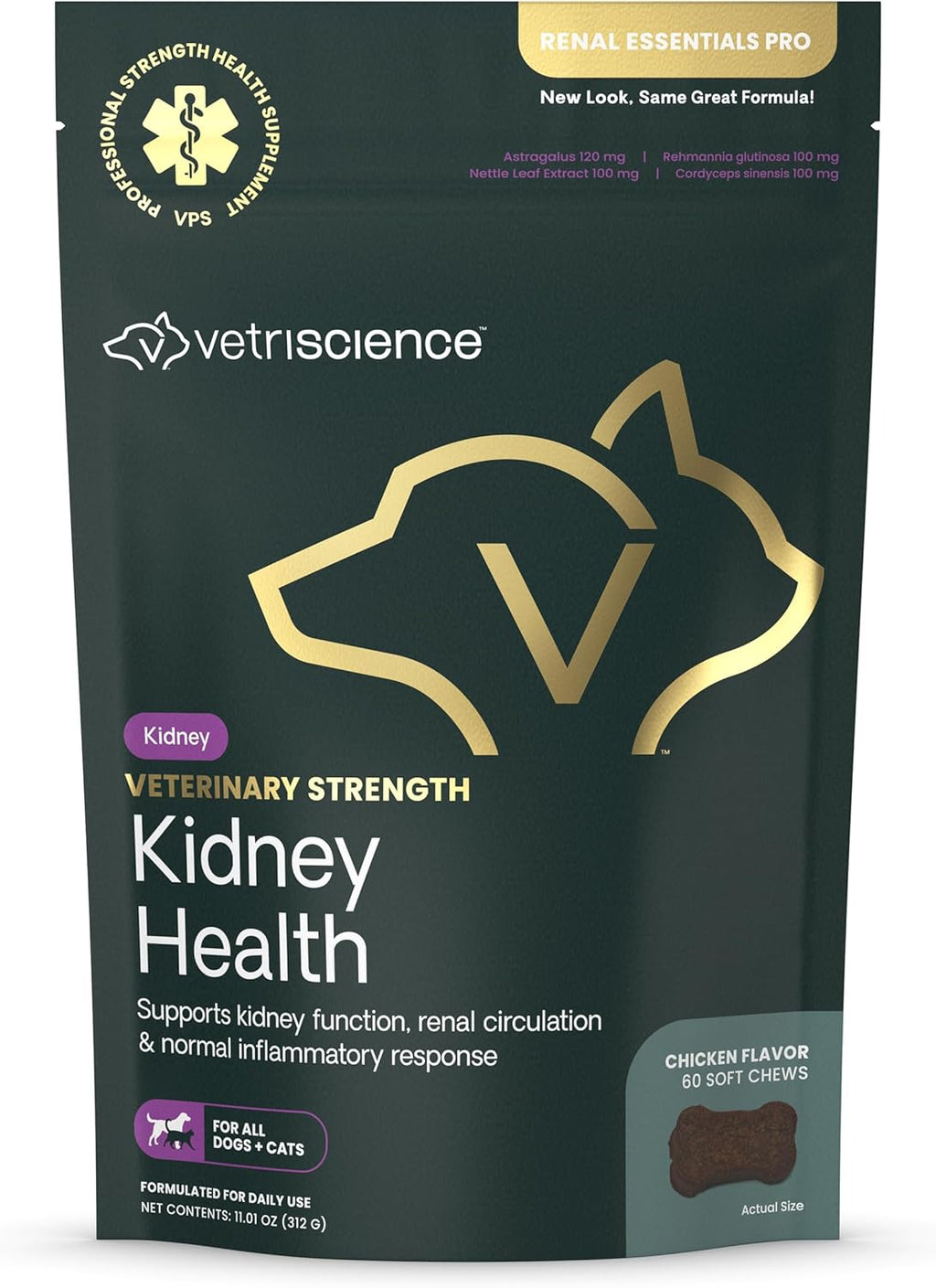 Vetriscience Veterinary Strength Kidney Health Chews – Apoyo renal equilibrado para mascotas – 60 masticables con sabor a hígado de pollo