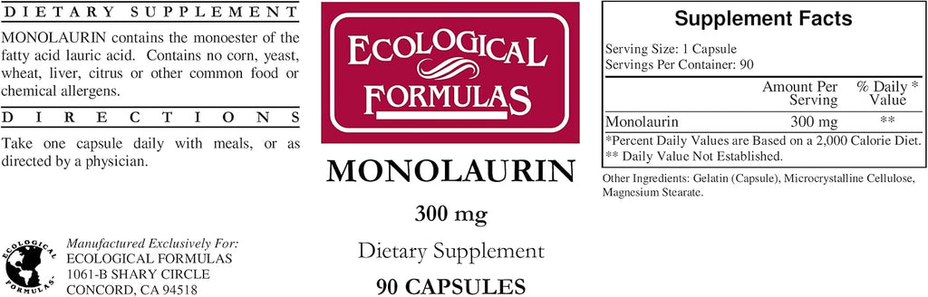Monolaurin 300 mg, 180 Cápsulas (2 Frascos) - Ecological Formulas