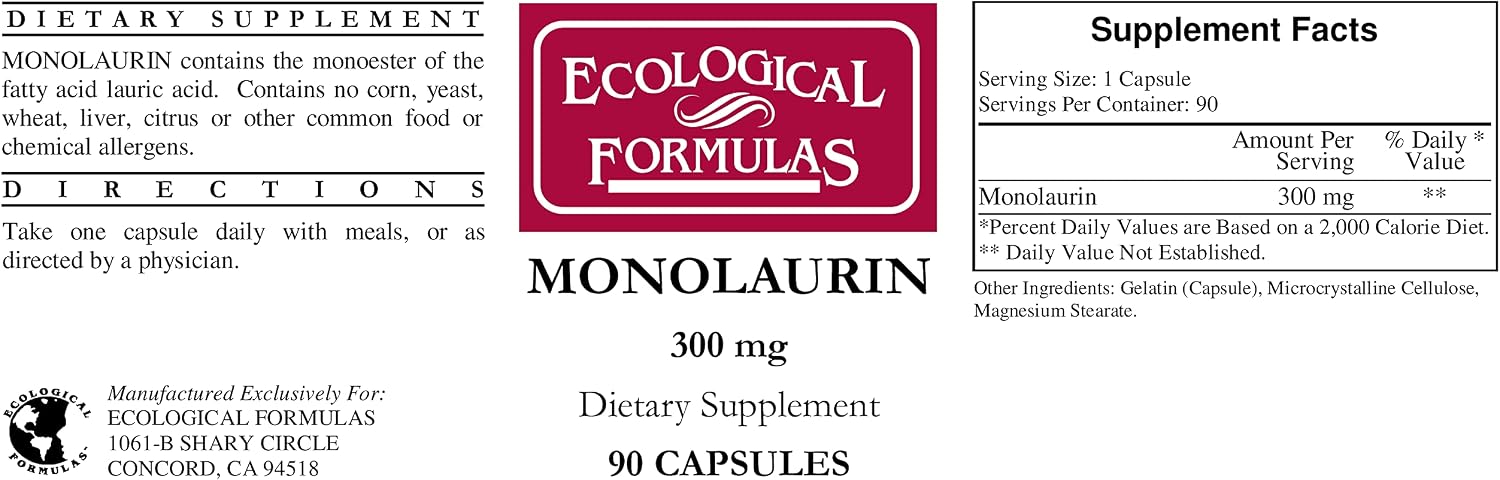 Monolaurin 300 mg, 180 Cápsulas (2 Frascos) - Ecological Formulas