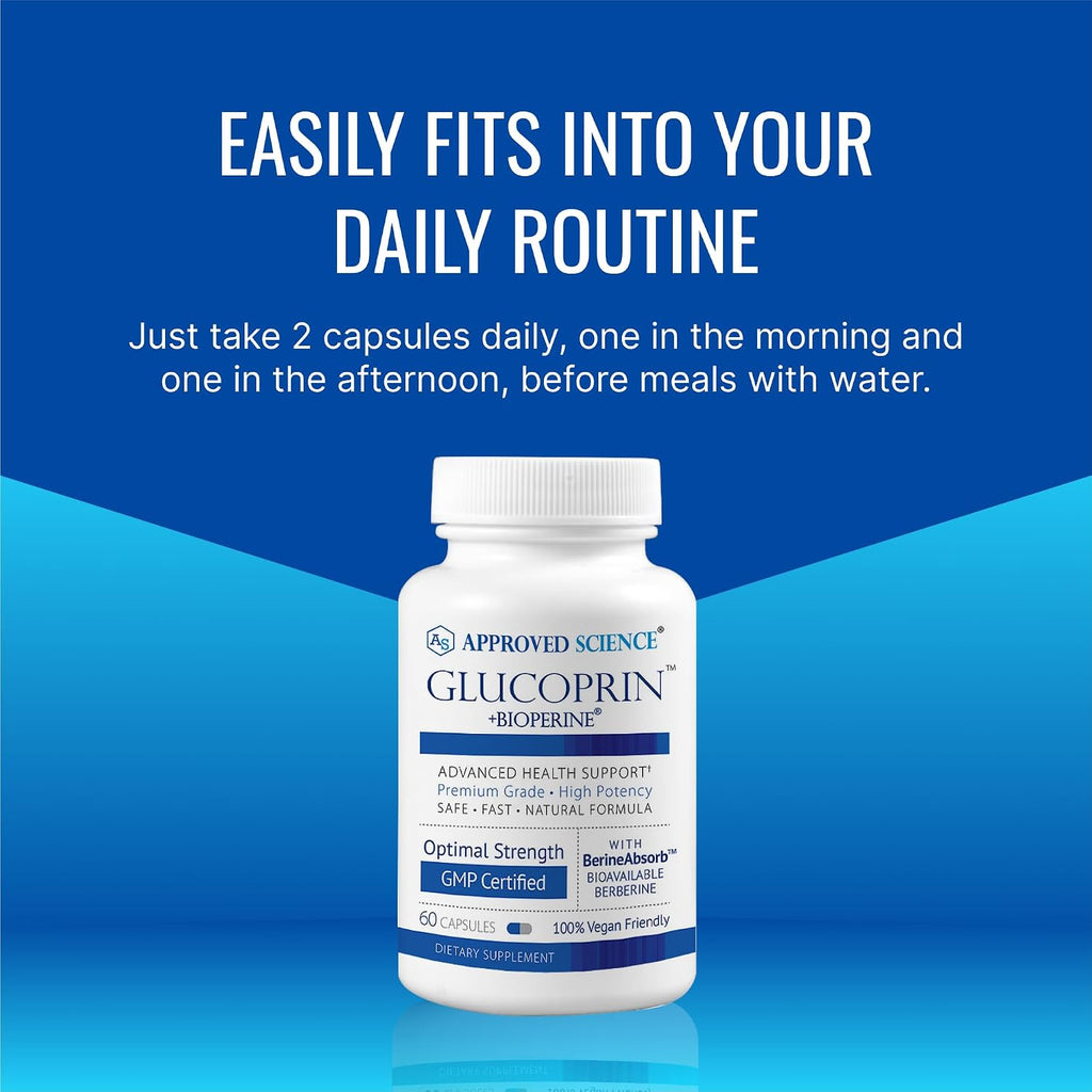 Approved Science Glucoprin - 250 mg de Berberina, Mora, Canela, BioPerine, Sin OGM - 60 Cápsulas Veganas