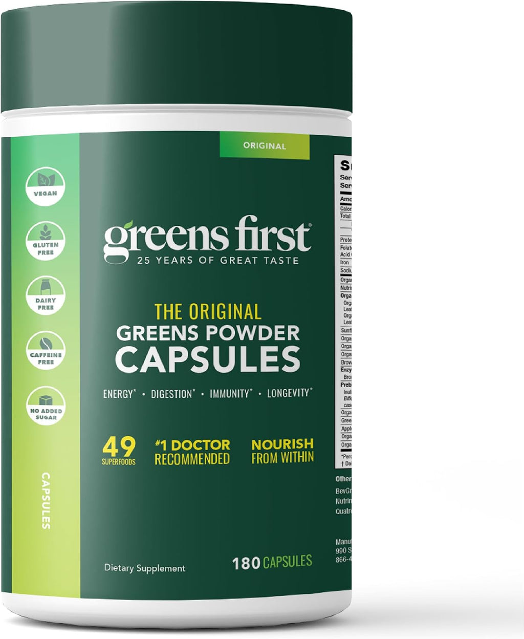 Greens First Cápsulas de Fitonutrientes - 49 Superalimentos Ricos en Antioxidantes con Frutas y Verduras Orgánicas, Prebióticos, Probióticos y Enzimas Digestivas - 180 Cápsulas