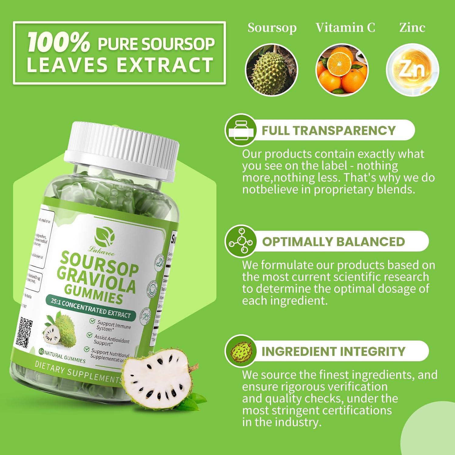 Lukaree Gominolas de Soursop Graviola - 2 Paquetes - Extracto Concentrado con Vitamina C y Zinc - 60 Gominolas