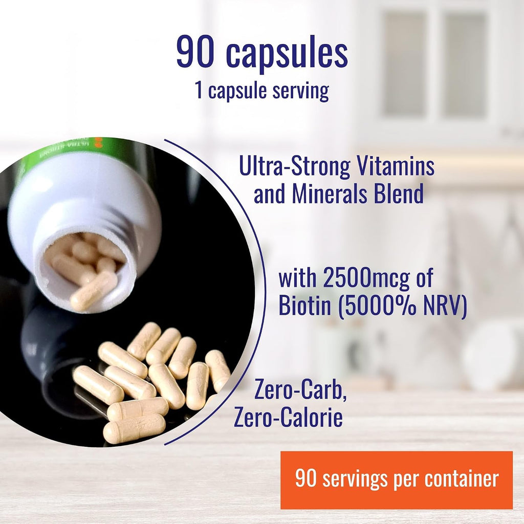 Nutri-Align Hair Defence Biotin Complex | 90 Cápsulas | Biotina 2500mcg + Vitamina A, Ácido Fólico y Calcio