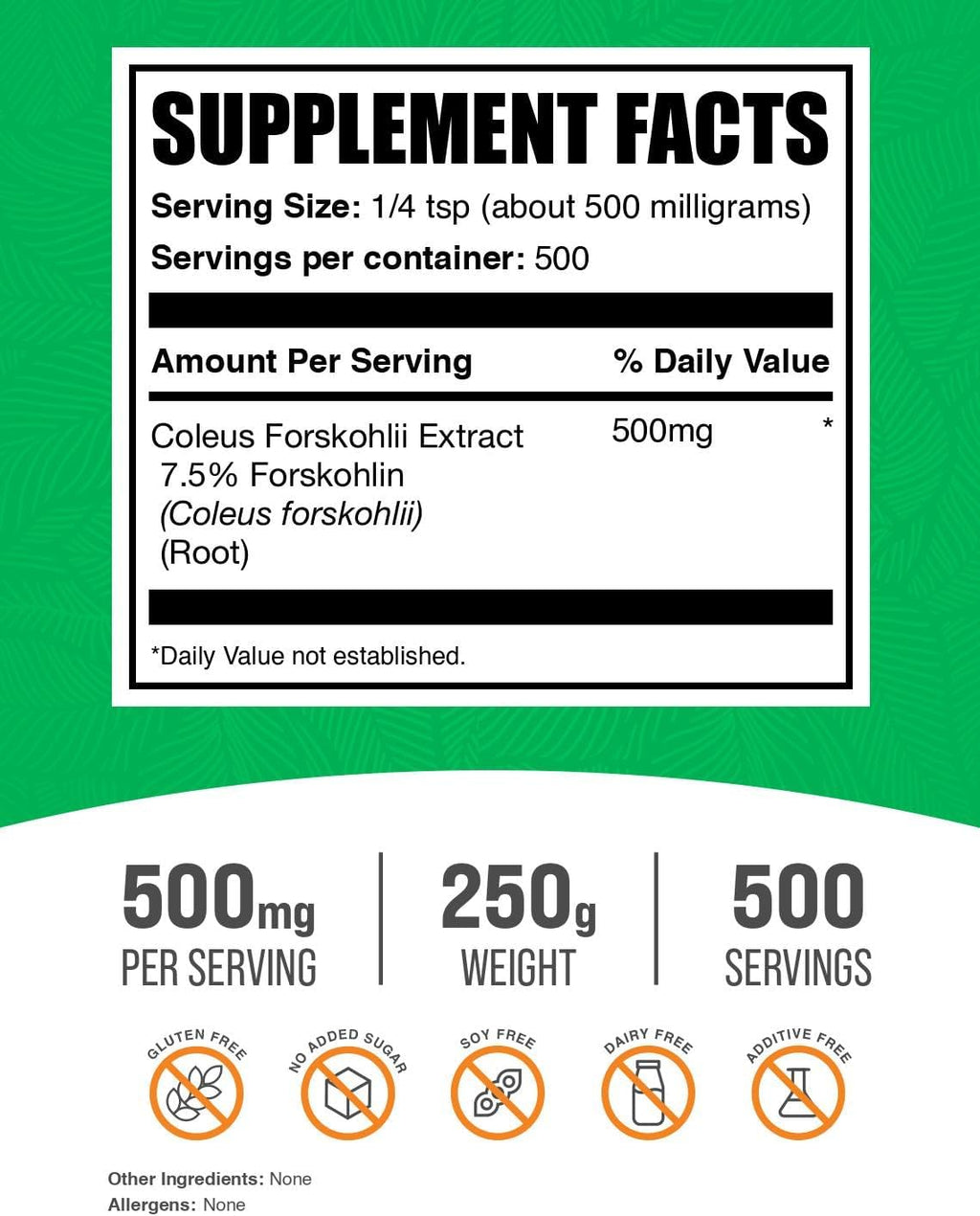BulkSupplements.com Extracto de Coleus Forskohlii en Polvo - Suplemento de Forskolina, 500mg por ración, 250g