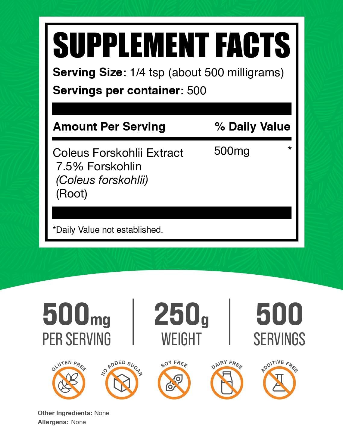 BulkSupplements.com Extracto de Coleus Forskohlii en Polvo - Suplemento de Forskolina, 500mg por ración, 250g