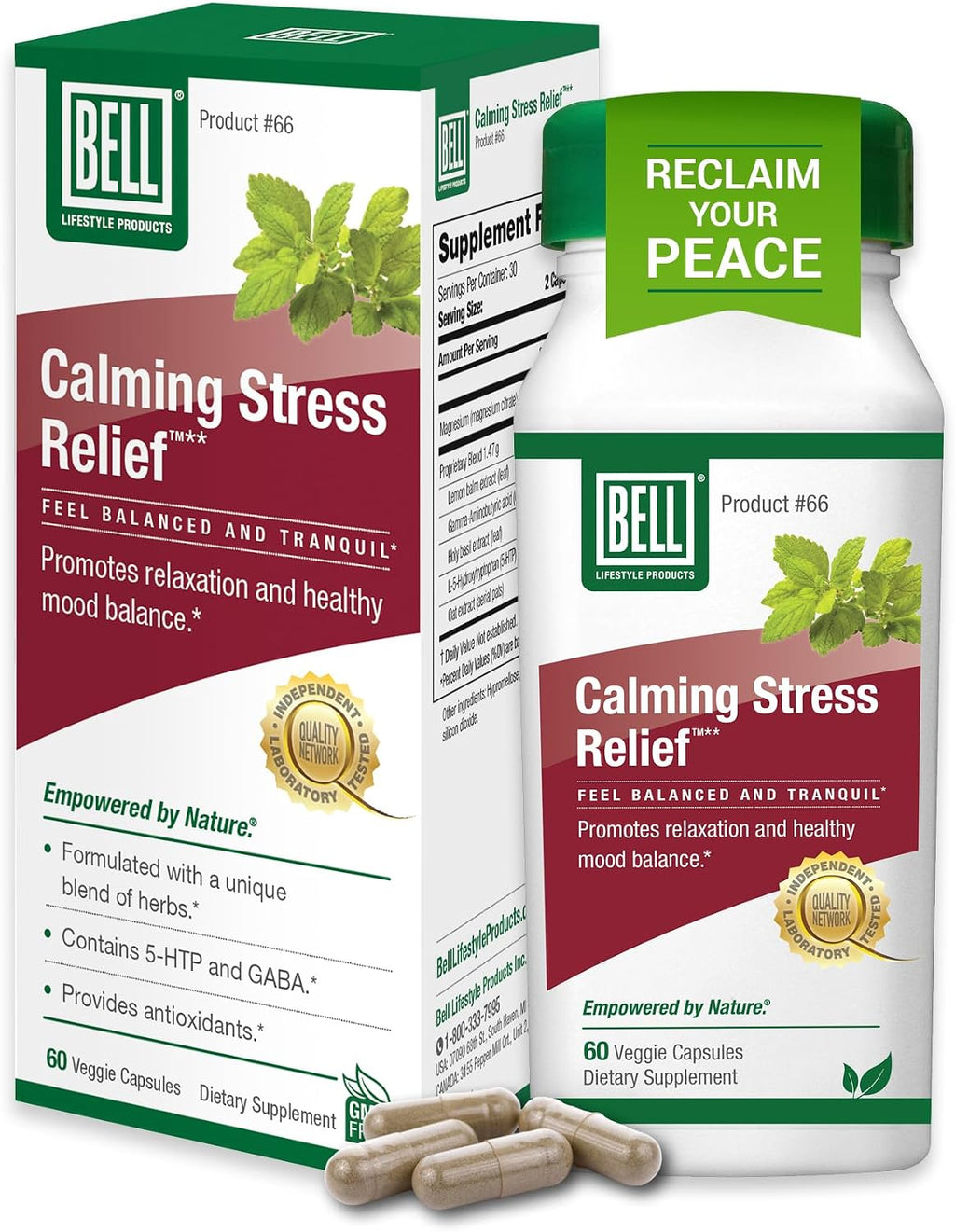 Bell Lifestyle Calming Stress Relief - Mezcla herbal con 5-HTP y GABA para el estrés y la relajación, 60 cápsulas veganas