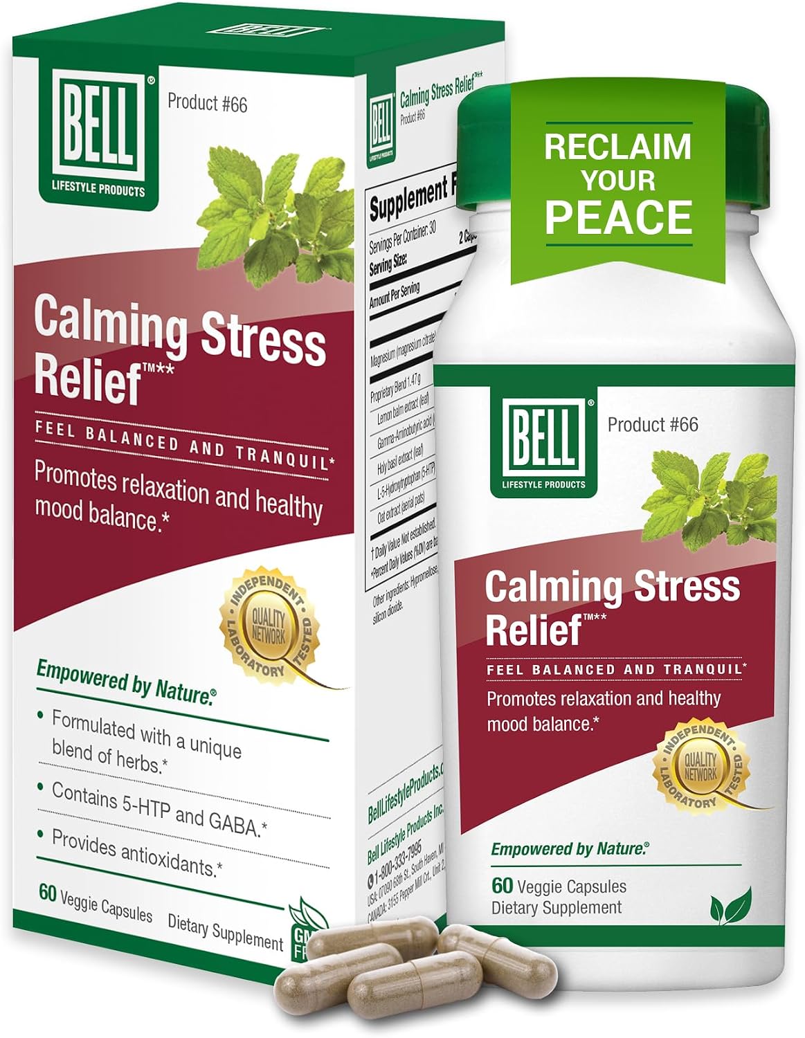 Bell Lifestyle Calming Stress Relief - Mezcla herbal con 5-HTP y GABA para el estrés y la relajación, 60 cápsulas veganas
