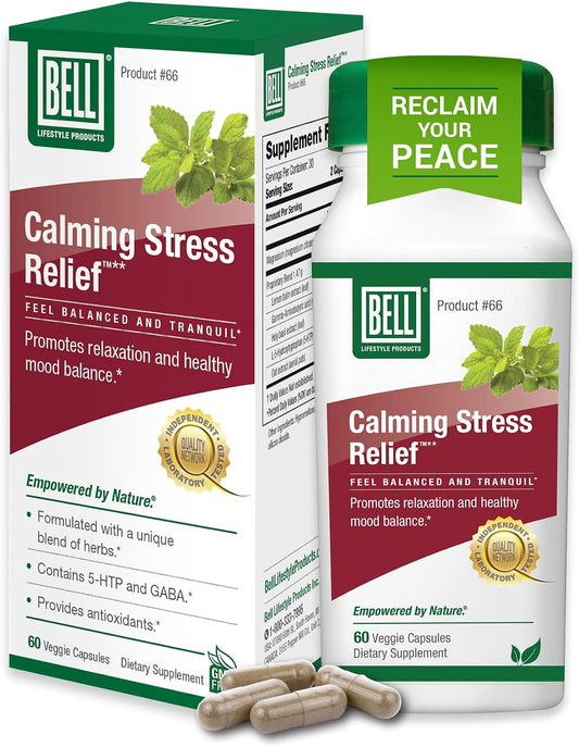 Bell Lifestyle Calming Stress Relief - Mezcla herbal con 5-HTP y GABA para el estrés y la relajación, 60 cápsulas veganas