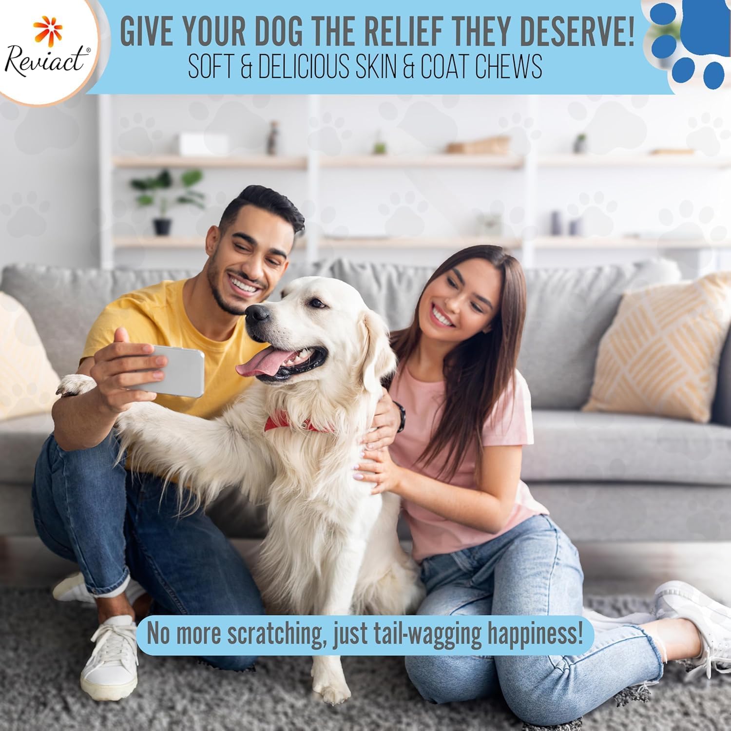 Reviact Complemento para Piel y Pelaje para Perros - Masticables de Aceite de Pescado Omega 3 con DHA, EPA y Biotina, 60 Unidades