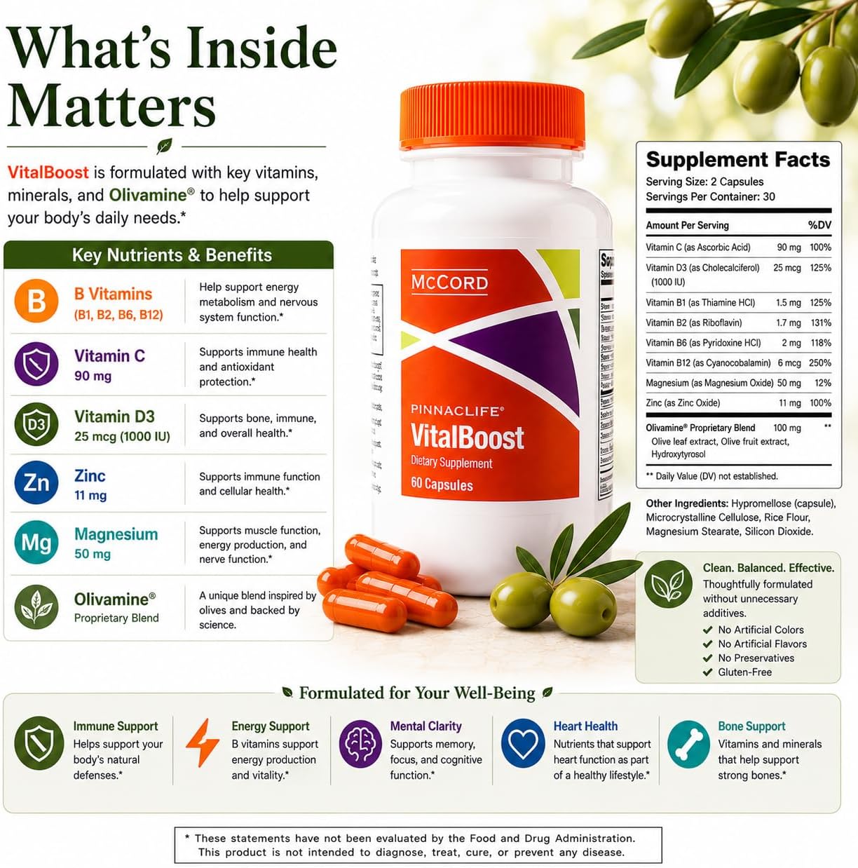 McCord VitalBoost: Complemento de Energía, Memoria e Inmunidad con Vitamina D3, Magnesio, Zinc y Olivamina - 60 Cápsulas