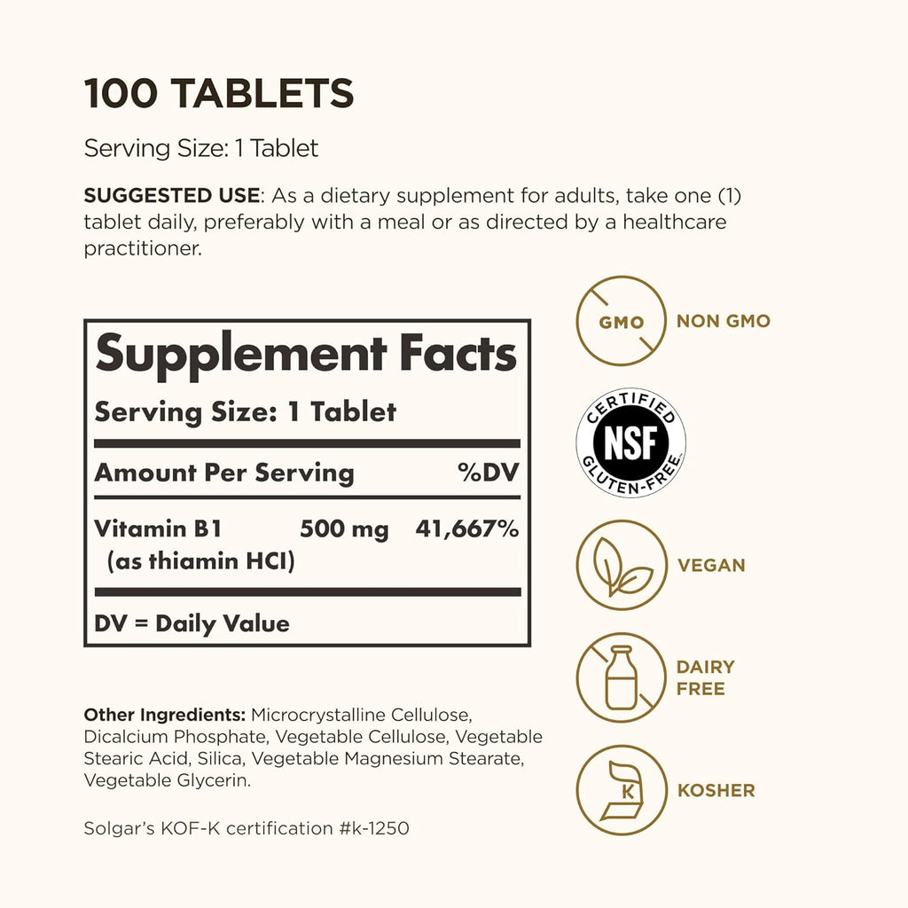 Solgar Vitamina B1 (Tiamina) 500 mg, 100 Comprimidos