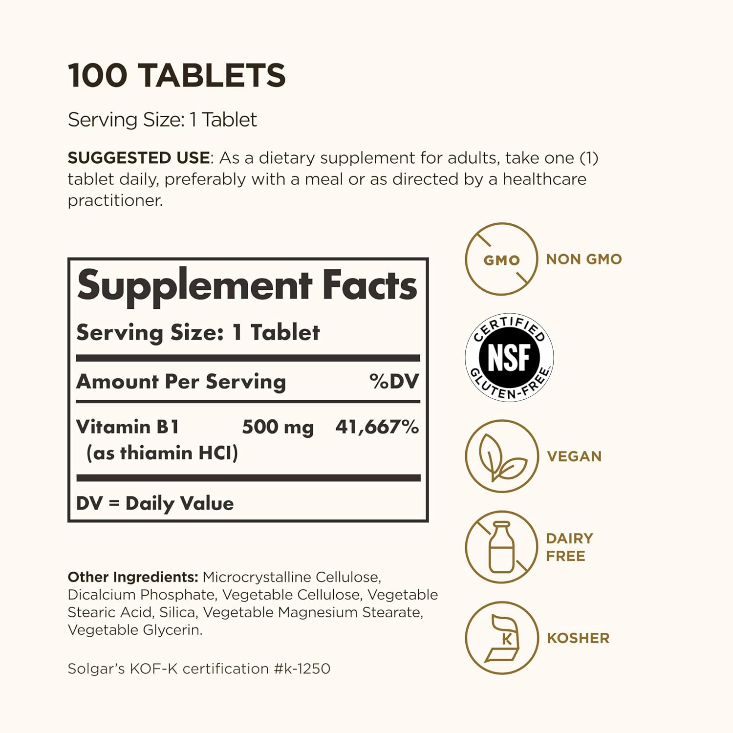 Solgar Vitamina B1 (Tiamina) 500 mg, 100 Comprimidos