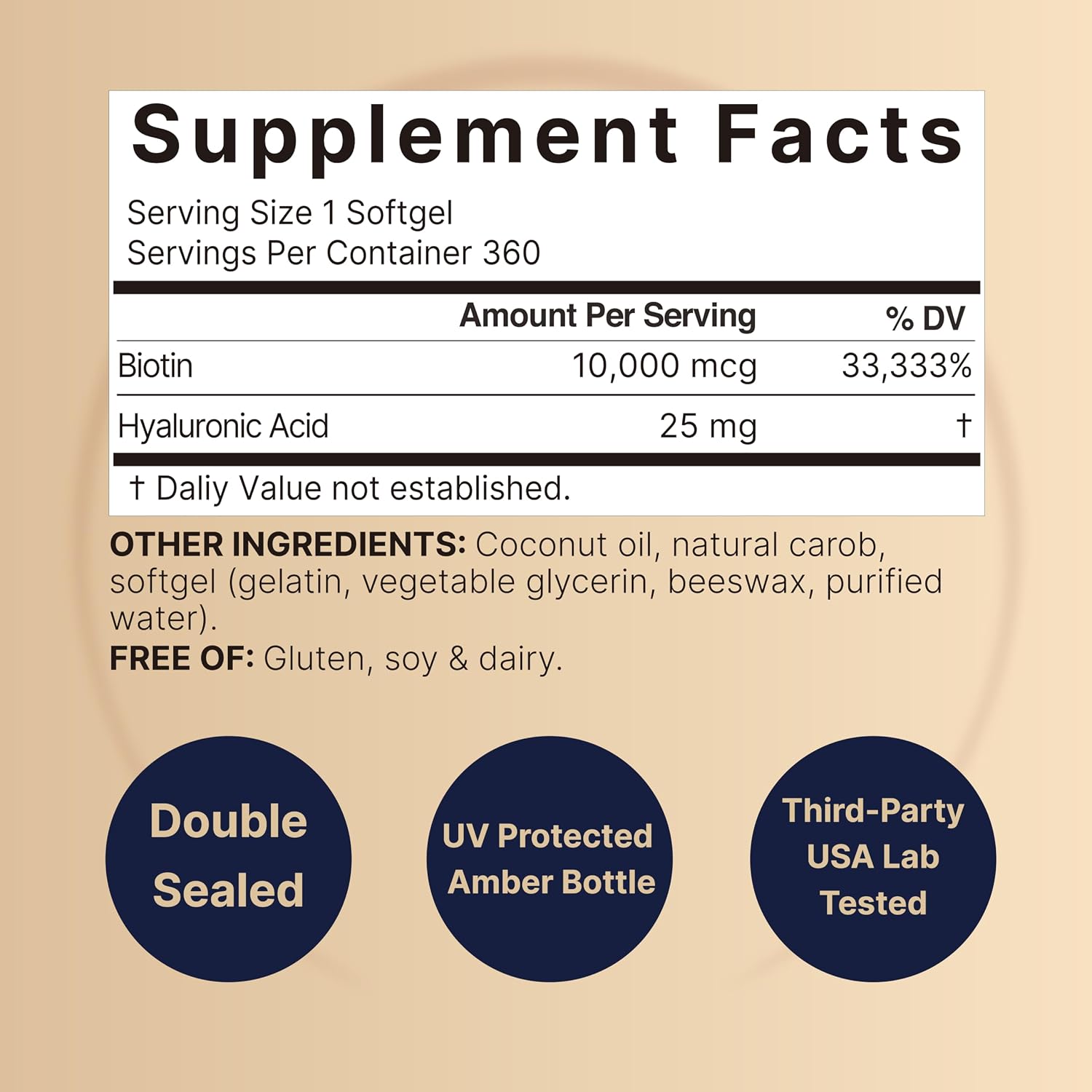 NatureBell Biotina 10000mcg + Ácido Hialurónico 25mg | 360 Cápsulas Blandas de Aceite de Coco