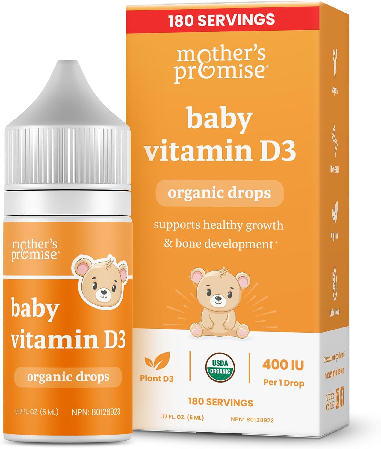 Mother's Promise Gotas Orgánicas de Vitamina D3 para Bebés - 100% Vegetal, 400 UI, 180 Dosis