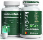 NaturElan Vitamina D3 K2 - 20.000 UI D3 + 200 mcg K2 (MK-7), 180 Cápsulas, Vegano, Sin Gluten