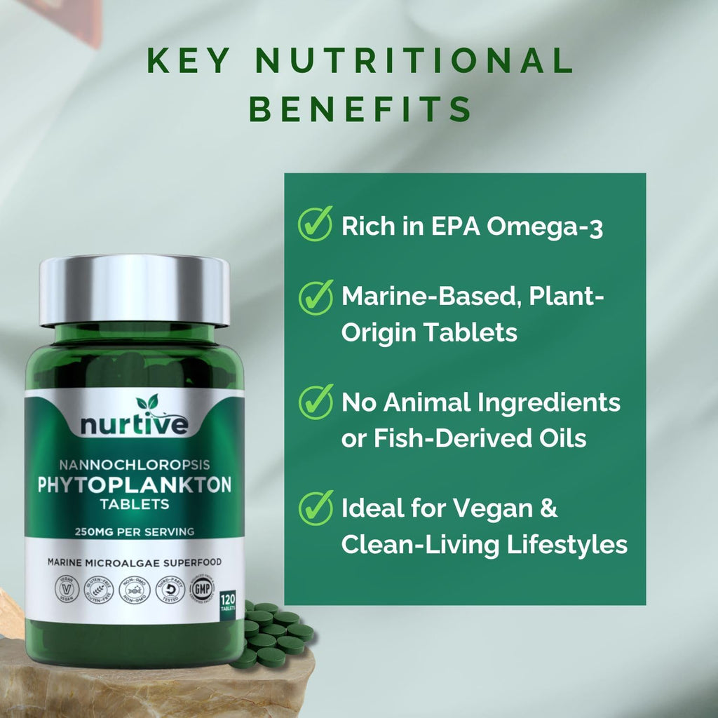 NURTIVE Nannochloropsis Phytoplankton Tabletas – 250mg por Tableta – Vegano, Sin Gluten, No Transgénico, Sin Rellenos – 120 Tabletas
