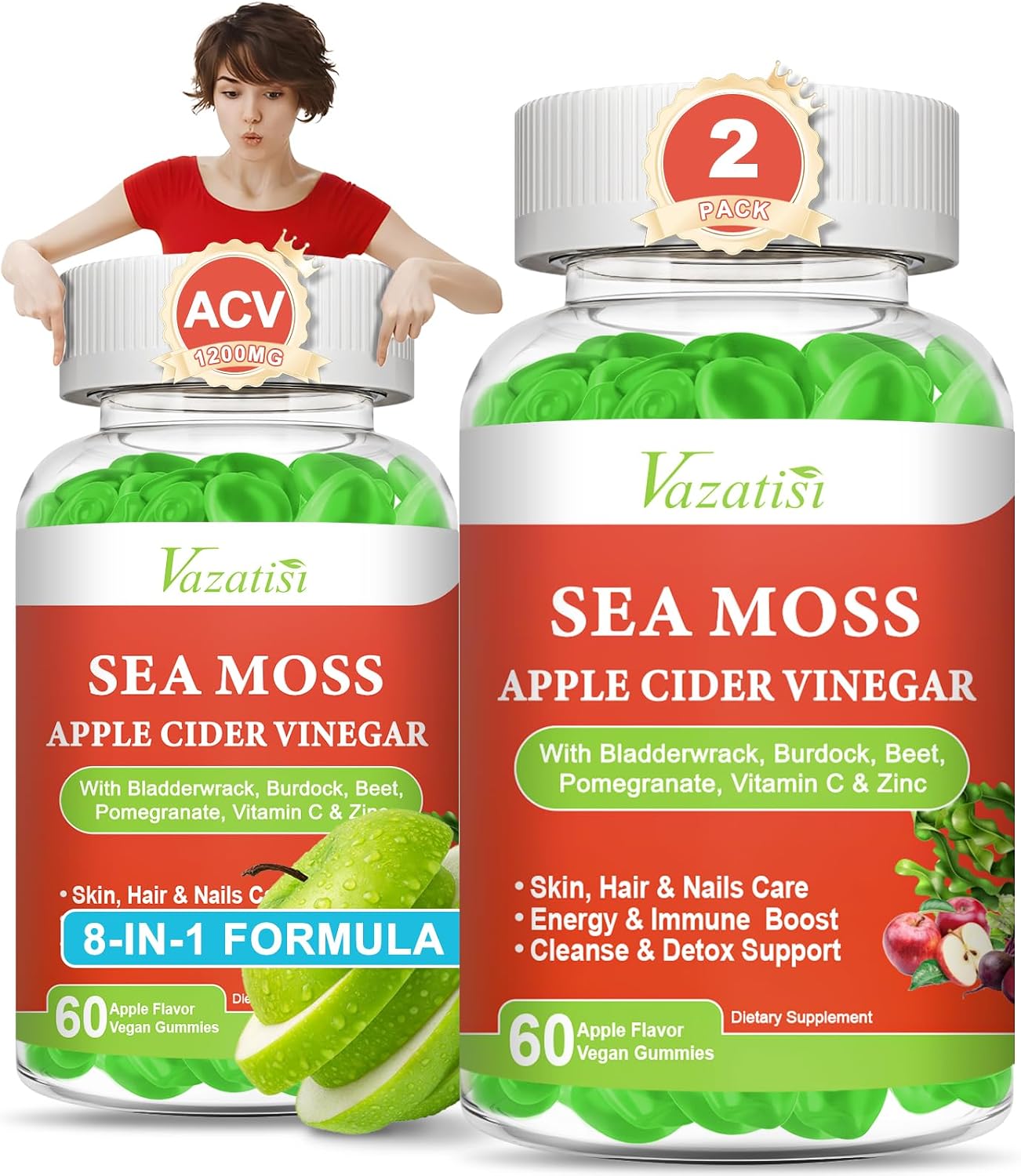 Vazatisi Gomitas de Vinagre de Manzana con Sea Moss, 120 unidades (2x60) - Sabor Manzana
