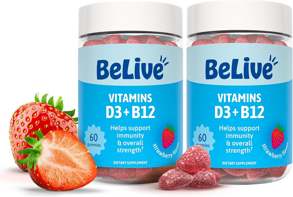 BeLive Gominolas de Vitamina D3 y B12 | 2000 IU D3 + 500 mcg B12 | Sabor Fresa | 3 Paquete (180 Gominolas)