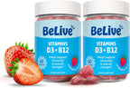 BeLive Gominolas de Vitamina D3 y B12 | 2000 IU D3 + 500 mcg B12 | Sabor Fresa | 3 Paquete (180 Gominolas)