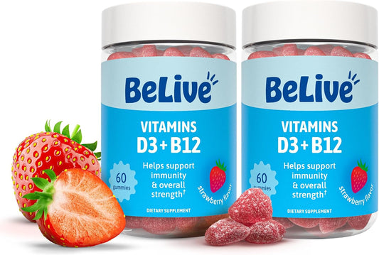 BeLive Gominolas de Vitamina D3 y B12 - 2000 IU D3 + 500 mcg B12 - Sabor Fresa - Pack de 2 (120 Gominolas)