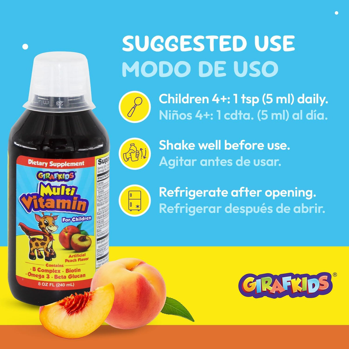 GirafKids Multivitamínico Líquido para Niños (237 ml) - con Biotina, Vitamina A, Complejo B, Ácido Fólico, Omega-3 y Beta – Image 5