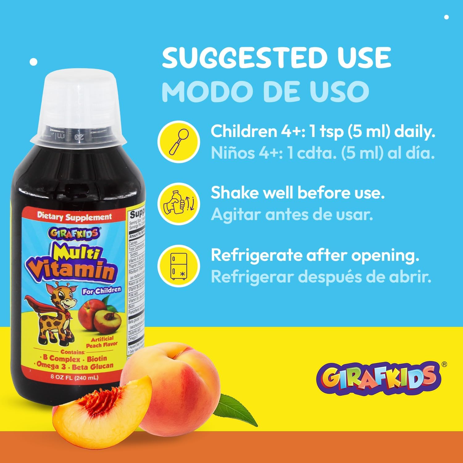 GirafKids Multivitamínico Líquido para Niños (237 ml) - con Biotina, Vitamina A, Complejo B, Ácido Fólico, Omega-3 y Beta Glucano