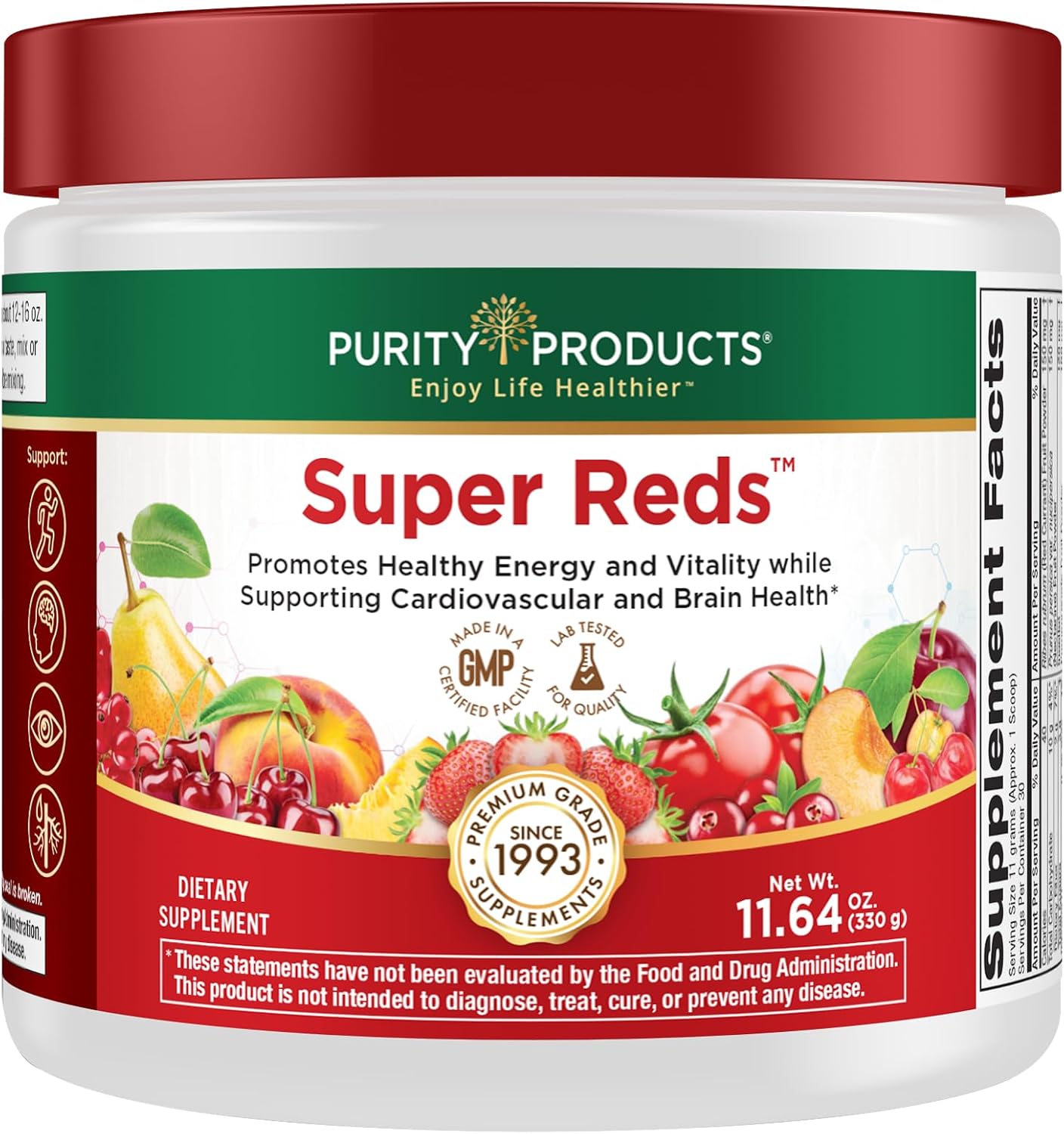Purity Products Super Reds Powder - Mezcla de Superalimentos con Fito nutrientes, Antioxidantes y Luteína - 330 g