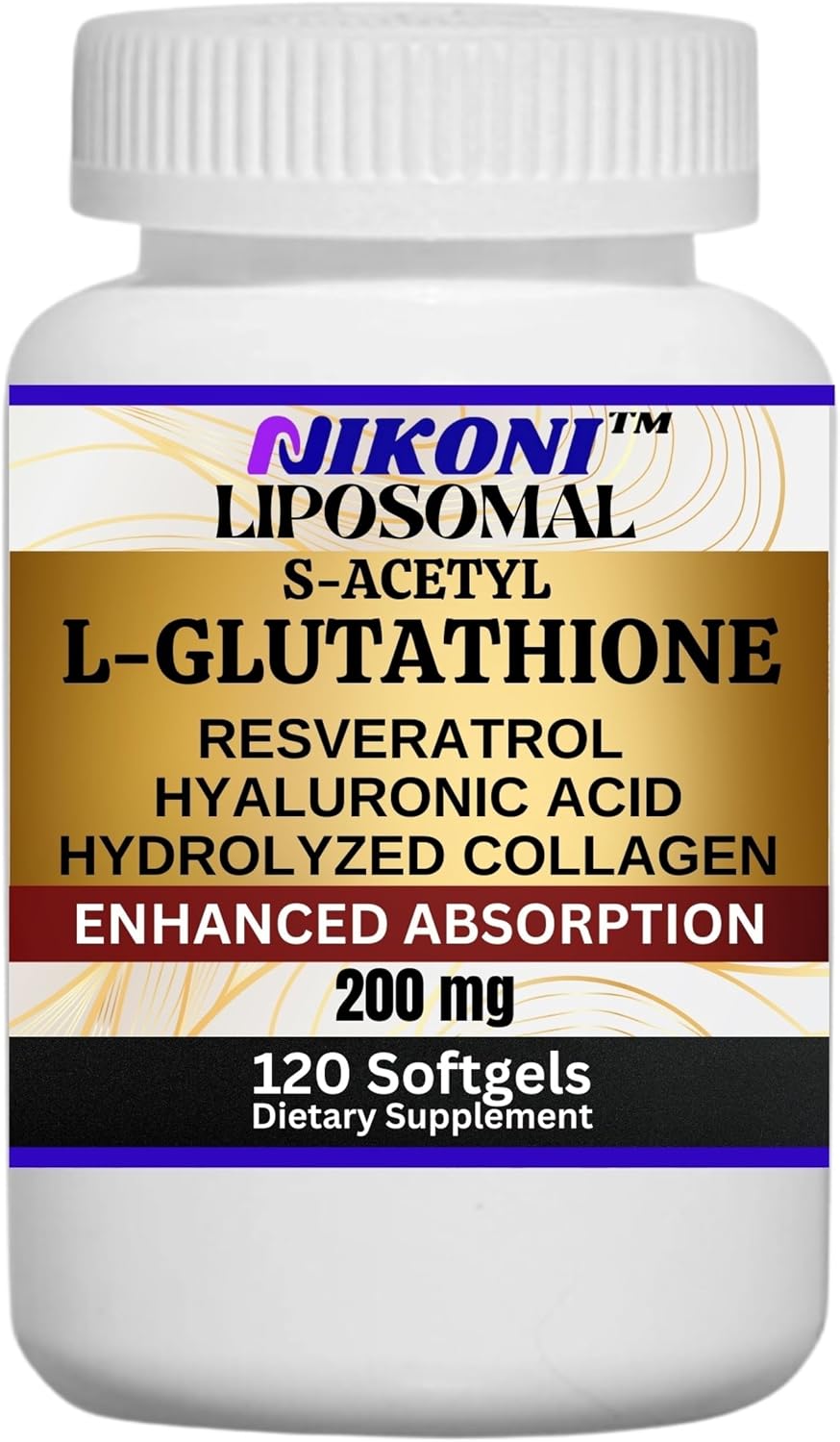 Nikoni Liposomal S-Acetil L-Glutation, Resveratrol, Ácido Hialurónico y Colágeno, 500 mg, 120 Cápsulas Blandas