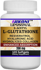 Nikoni Liposomal S-Acetil L-Glutation, Resveratrol, Ácido Hialurónico y Colágeno, 500 mg, 120 Cápsulas Blandas