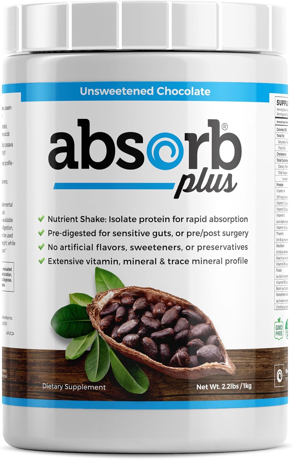 Absorb Plus Isolate Protein - Suplemento proteico semielemental con vitaminas y minerales (1 kg, Chocolate sin endulzar)