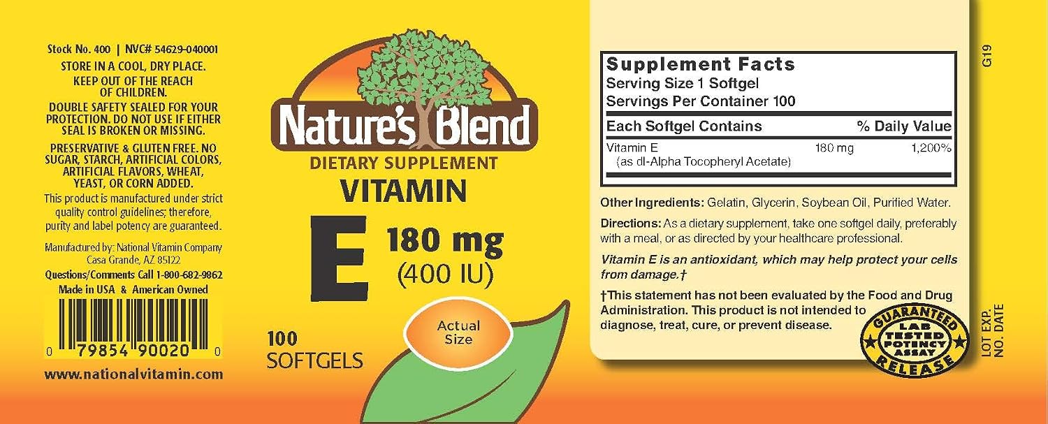 Nature's Blend Vitamina E 400 IU, 100 Cápsulas