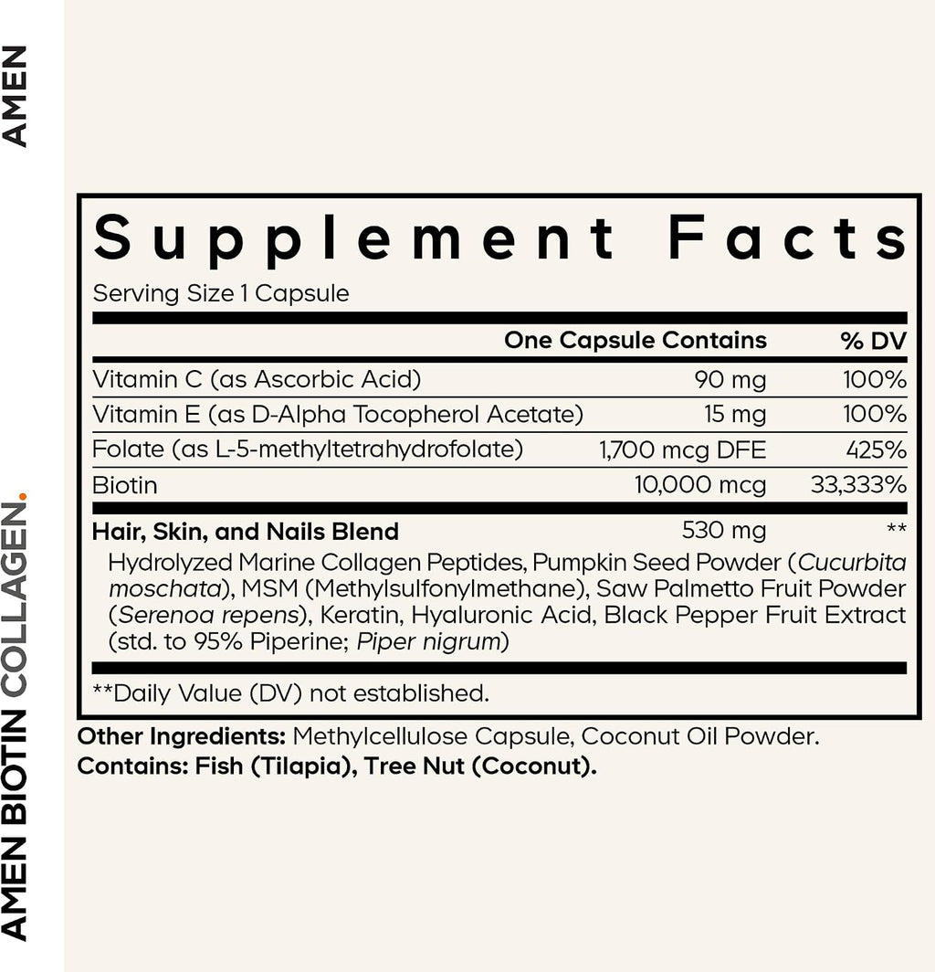 Amen Biotin Collagen Vitamins+ Biotina 10.000 mcg con Colágeno Marino, 90 Cápsulas