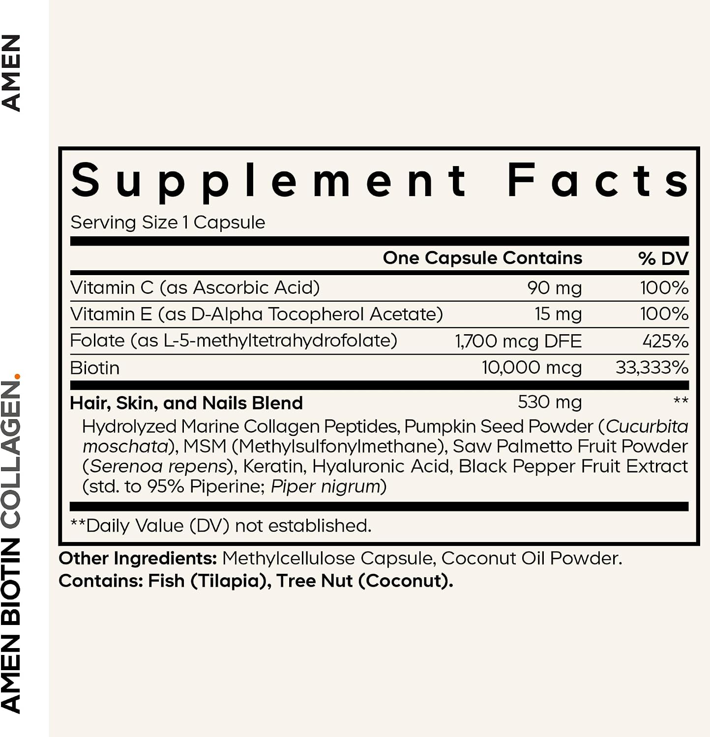 Amen Biotin Collagen Vitamins+ Biotina 10.000 mcg con Colágeno Marino, 90 Cápsulas