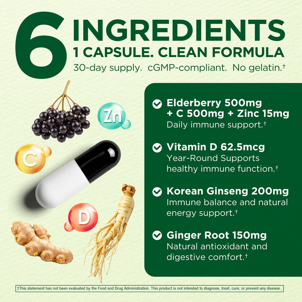 Immune Support 6-en-1 con Saúco, Jengibre, Ginseng Coreano, Vitamina C 500mg, D3 2500UI, Zinc | Cápsulas Veganas – 1 Mes de Suministro | Innervis Nutrition