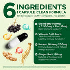 Immune Support 6-en-1 con Saúco, Jengibre, Ginseng Coreano, Vitamina C 500mg, D3 2500UI, Zinc | Cápsulas Veganas – 1 Mes de Suministro | Innervis Nutrition