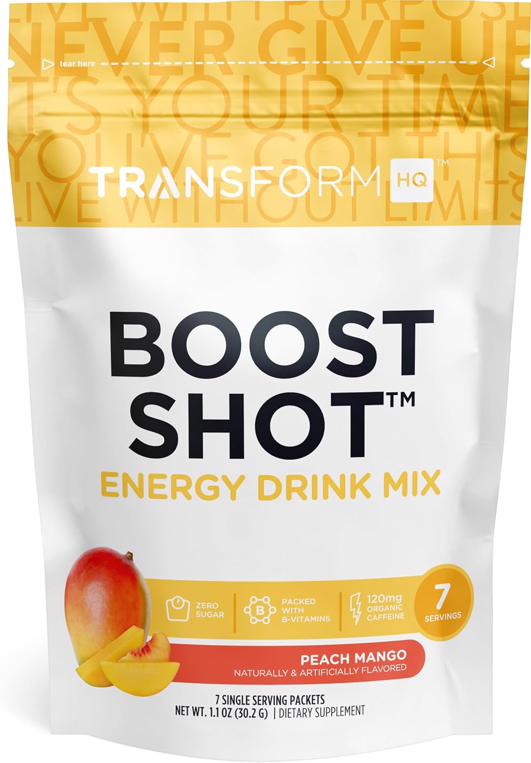TransformHQ Boost Shot Powder Drink Stick Packets, Peach Mango, 7 Pack