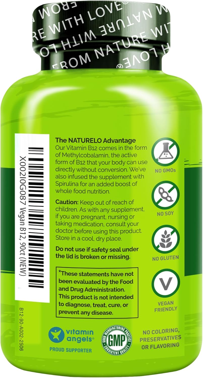 NATURELO Vitamina B12 Vegana – Metil B12 con Espirulina Orgánica – 1000 mcg Metilcobalamina – 90 Cápsulas