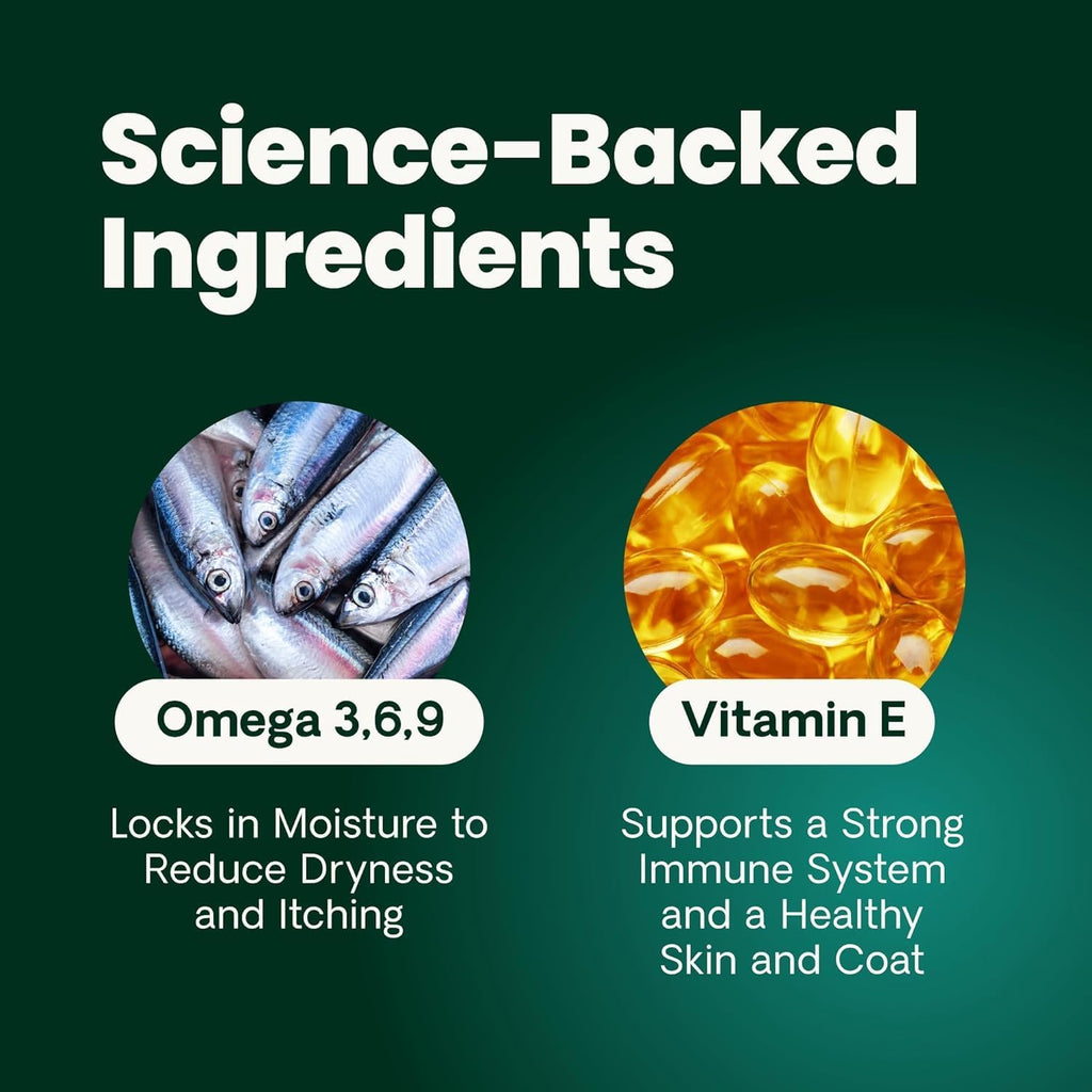 VetriScience Cápsulas Omega Piel y Pelaje Saludables, Suplemento de Aceite de Pescado 3,6,9 para Perros y Gatos, Reduce la Caída del Pelo, Más de 750 mg de Ácidos Grasos Omega por Cápsula, Cápsulas de Gel, 90 Unidades