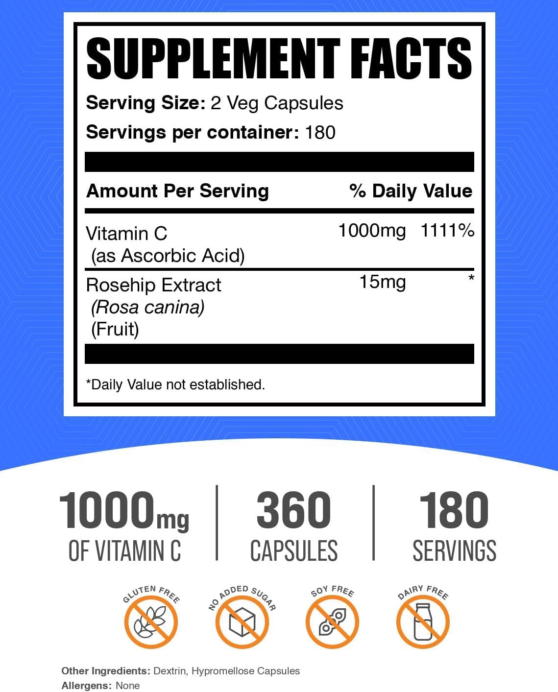 BulkSupplements Vitamina C con Escaramujo - 1000 mg, 360 Cápsulas (180 Días)