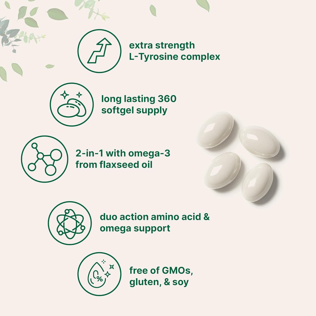 L-Tirosina 500mg con Omega-3, 360 Cápsulas Blandas | Acción Duo: Aminoácidos + Omega de Aceite de Linaza 1,000mg con ALA | Apoyo Cardíaco y Estado de Ánimo | No Transgénico