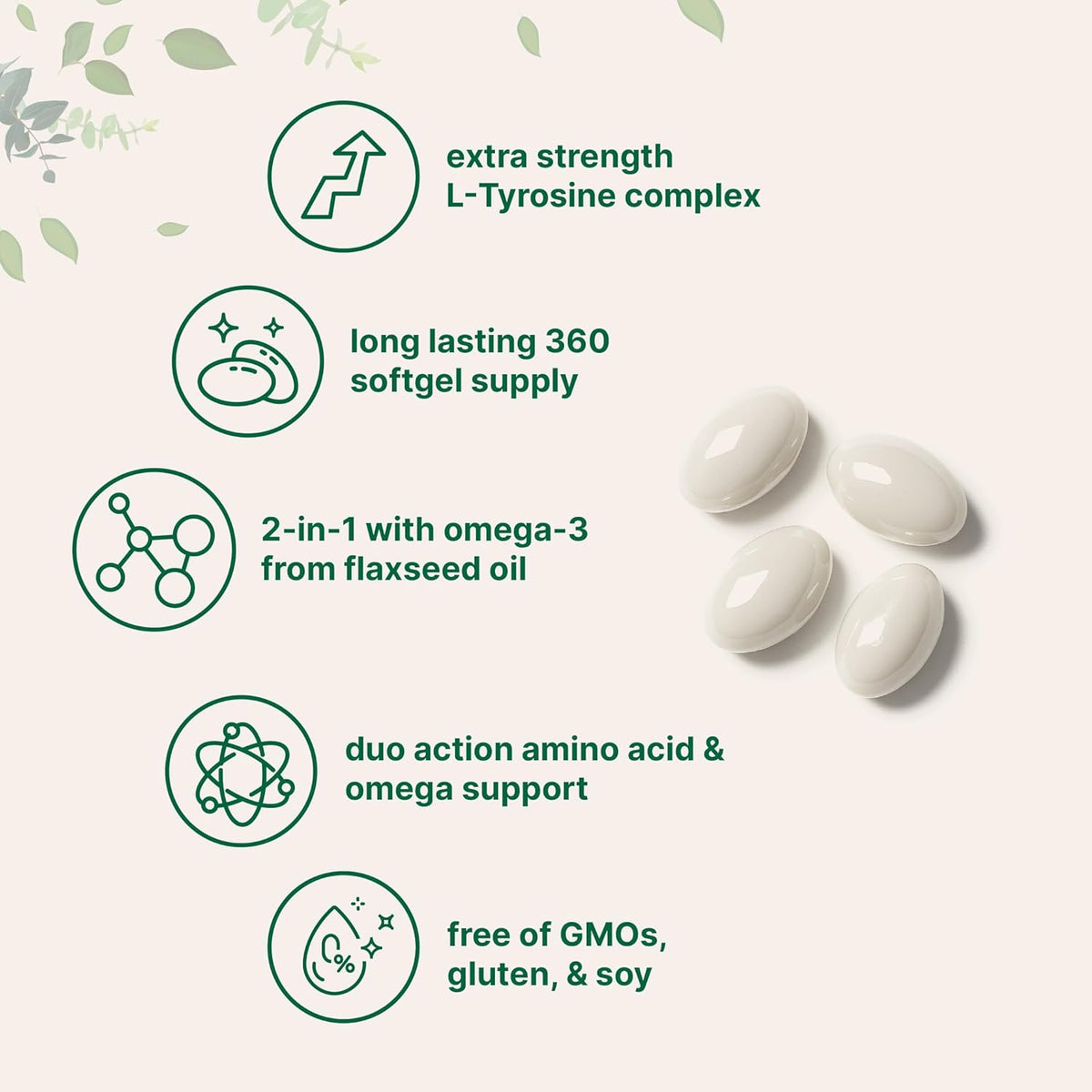 L-Tirosina 500mg con Omega-3, 360 Cápsulas Blandas | Acción Duo: Aminoácidos + Omega de Aceite de Linaza 1,000mg con ALA | – Image 3