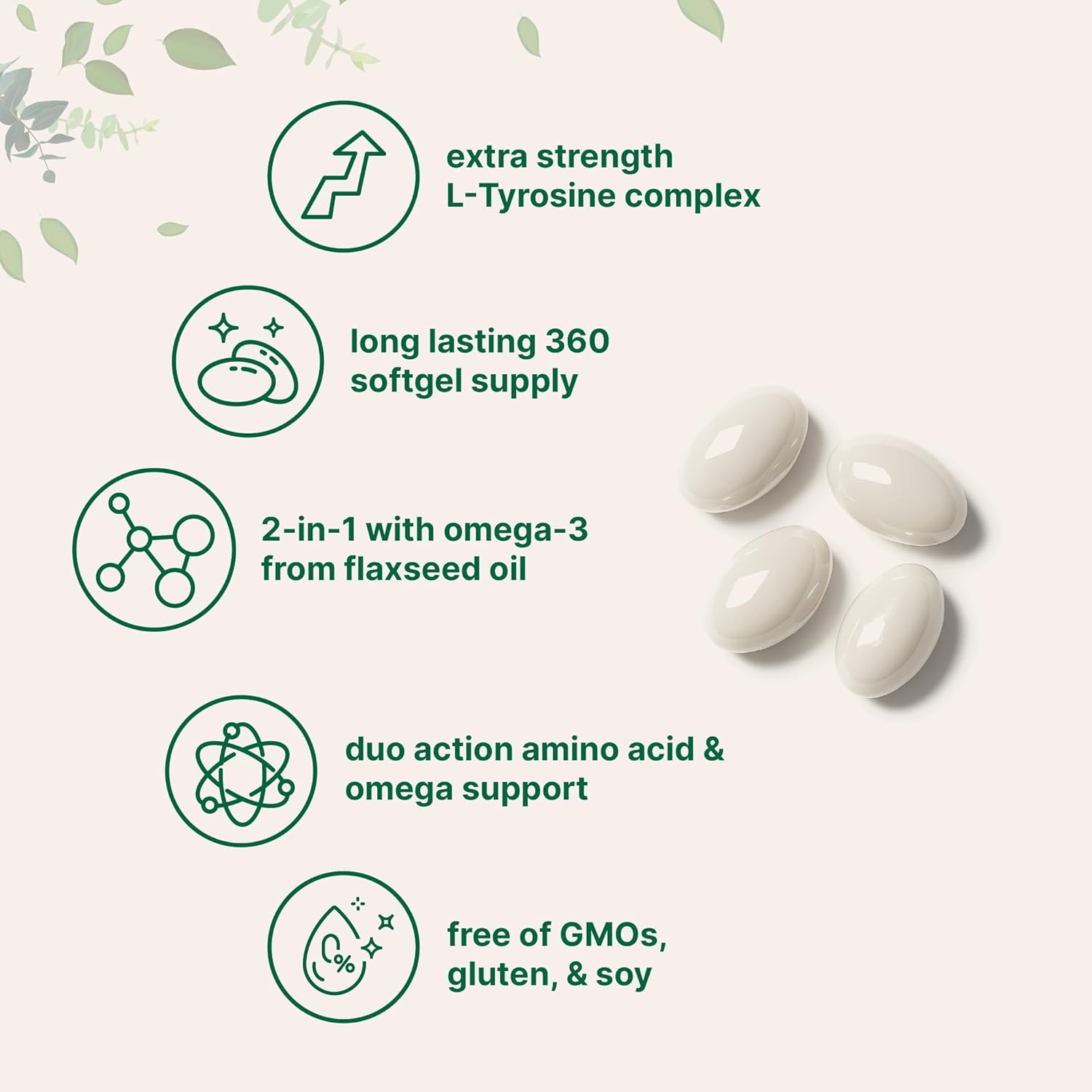 L-Tirosina 500mg con Omega-3, 360 Cápsulas Blandas | Acción Duo: Aminoácidos + Omega de Aceite de Linaza 1,000mg con ALA | Apoyo Cardíaco y Estado de Ánimo | No Transgénico