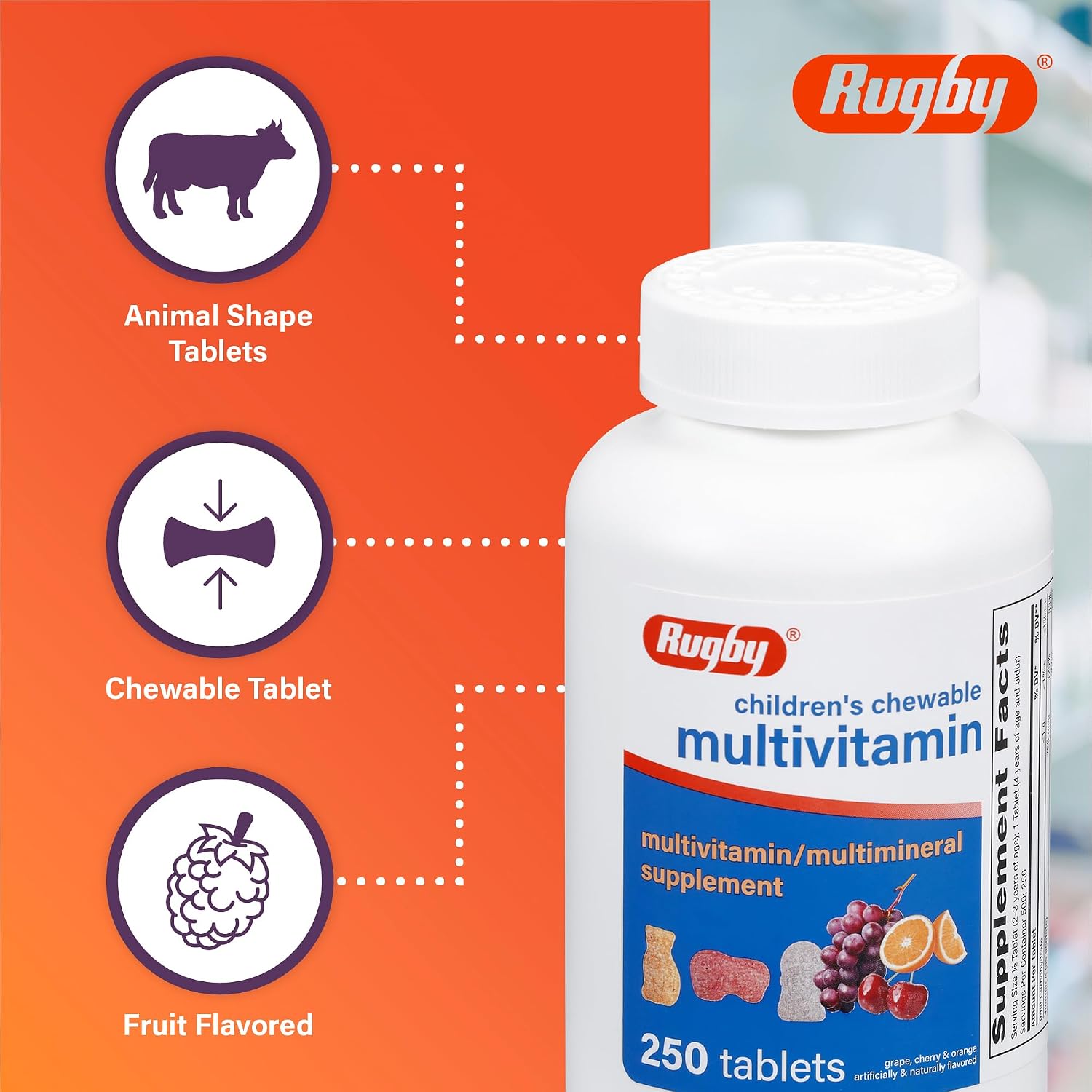 Rugby Laboratories Multivitamínico Masticable para Niños - 250 Comprimidos con Sabor a Frutas