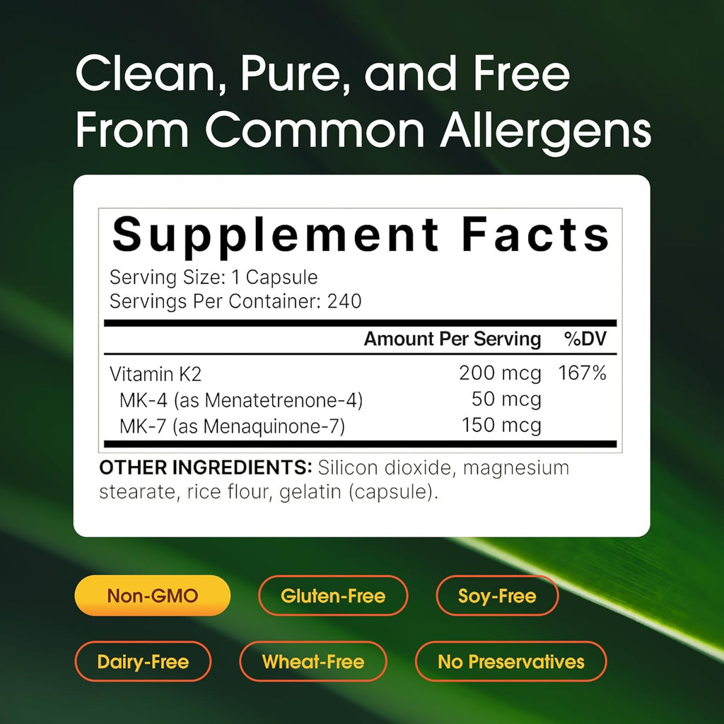 NatureBell Vitamina K2 - 200 mcg MK-7 y MK-4 - 240 Cápsulas