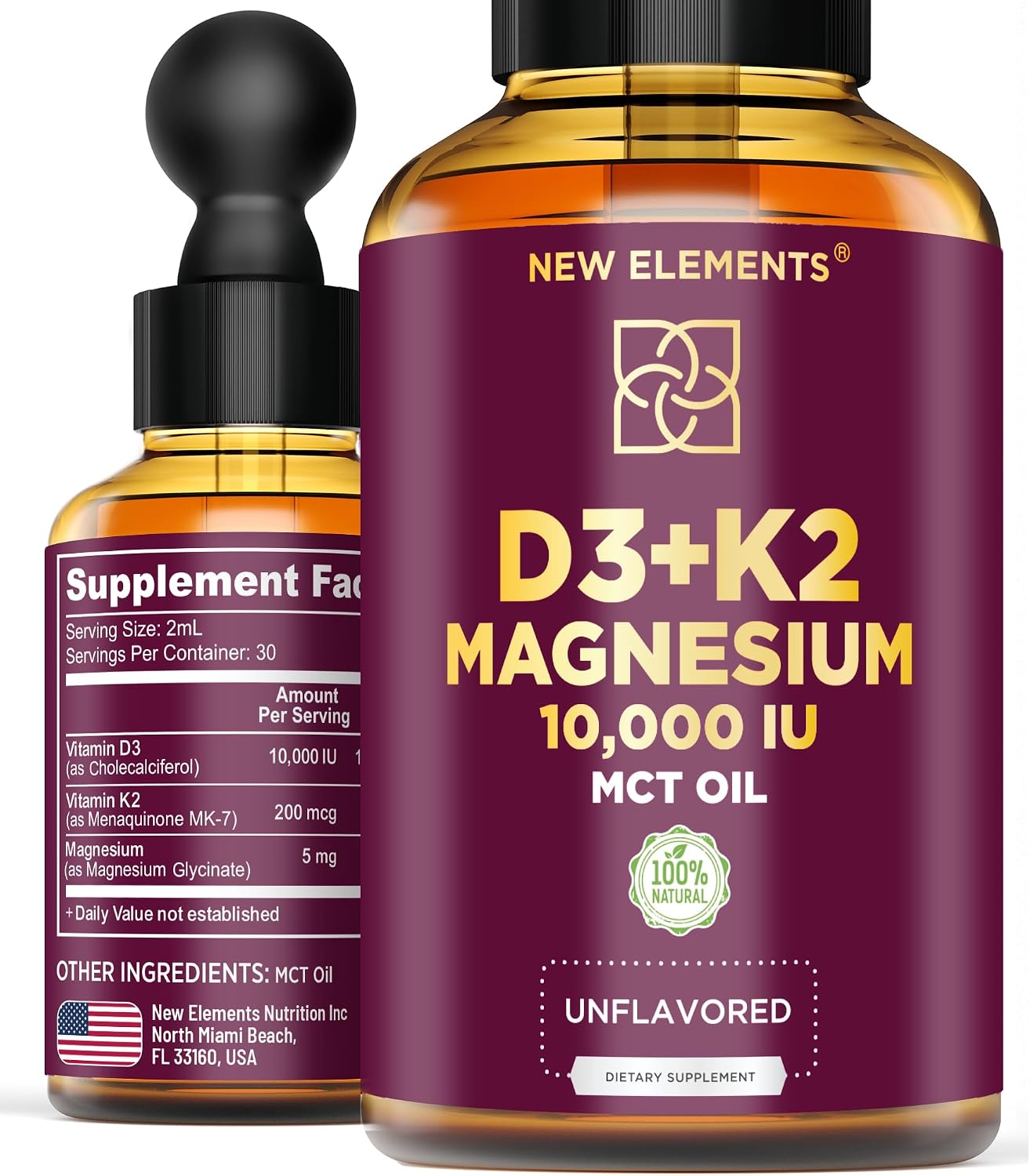 Líquido de Vitamina D3 con K2 y Magnesio Glicinato | 10.000 UI D3 + 200 mcg K2 MK-7